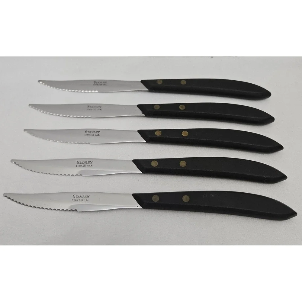 Vtg Stanley Stainless USA Steak Knives Set of 5 Black Composite Handles Serrated